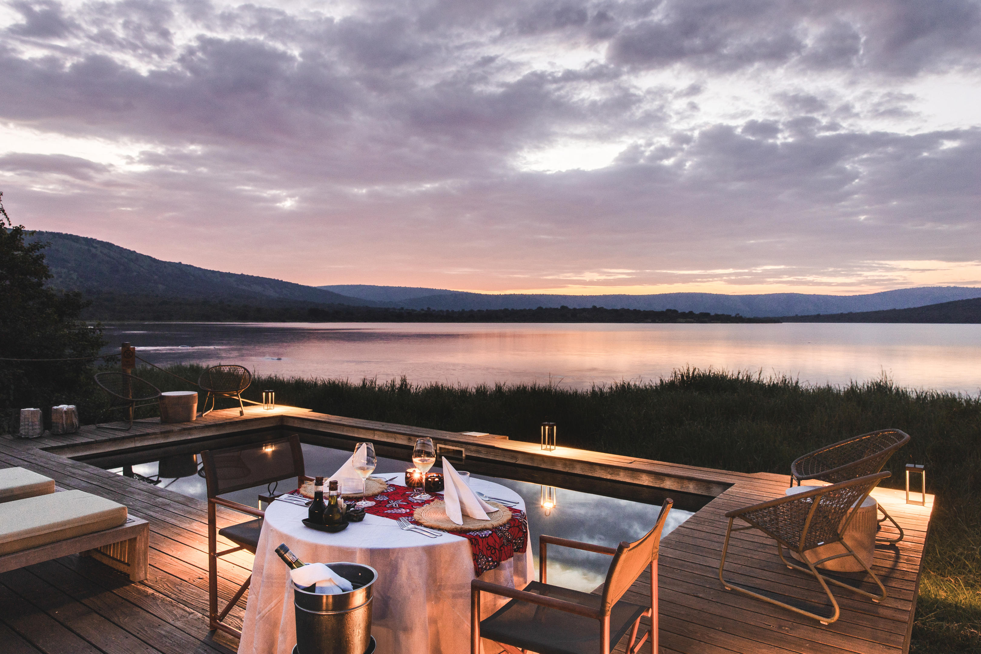 Safari lodge deck at sunset